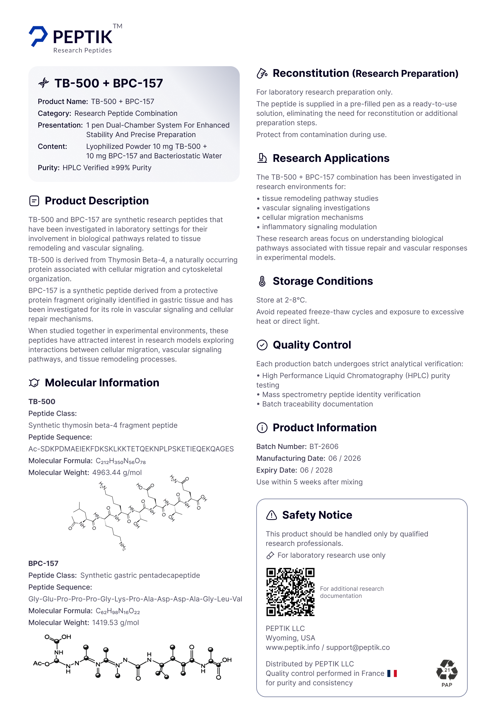 TB500 + BPC157 instructions, front